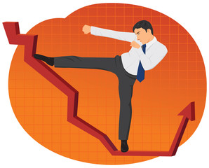 Businessman kicking a red graph arrow