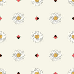 chamomiles and ladybugs seamless pattern