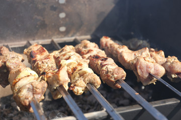 Skewers on barbecue grill, close-up