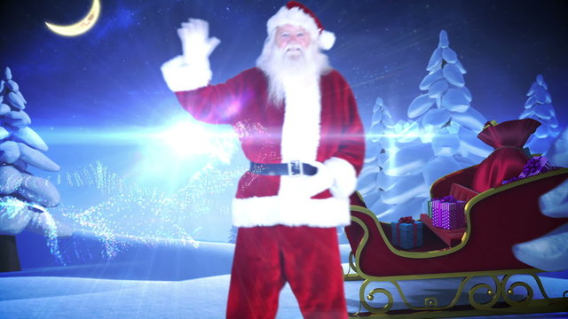 Santa and his sled with magical christmas greeting