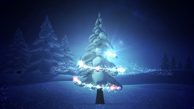 Magic light swirling around snowy christmas tree