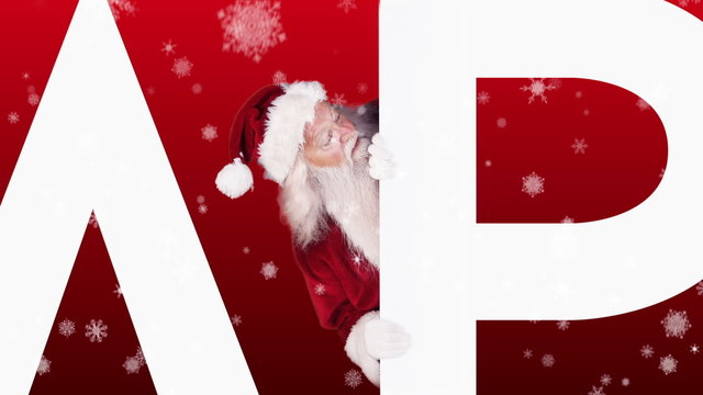 Santa peeking around happy holidays on festive background
