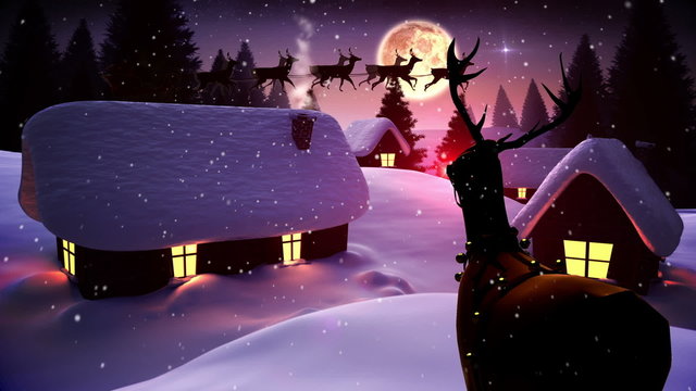 Santa flying over cute snowy village as rudolph watches