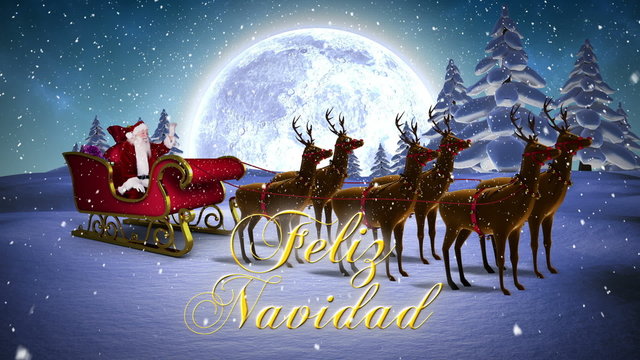 Santa waving in his sleigh with reindeer and greeting
