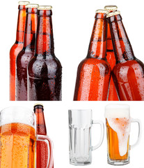 Glass of beer and a bottle of beer on white background