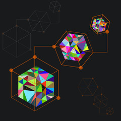 Cubes of colorful triangle elements, 3d abstract background