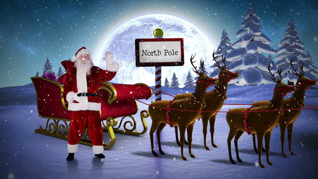 Santa waving in his sleigh with reindeer at the north pole