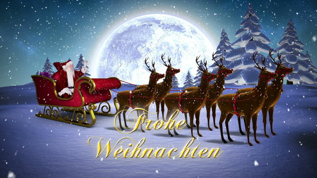 Santa waving in his sleigh with reindeer and greeting