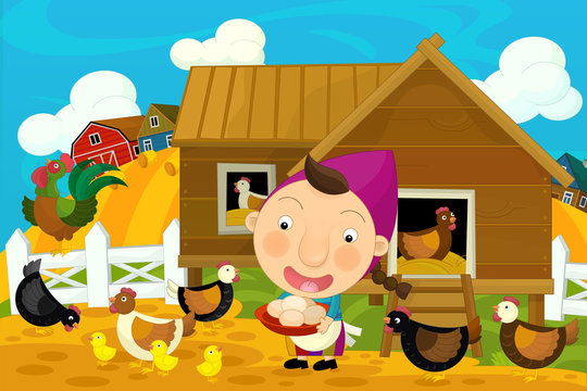 Cartoon happy and funny traditional farm scene - for different fairy tales - illustration for children