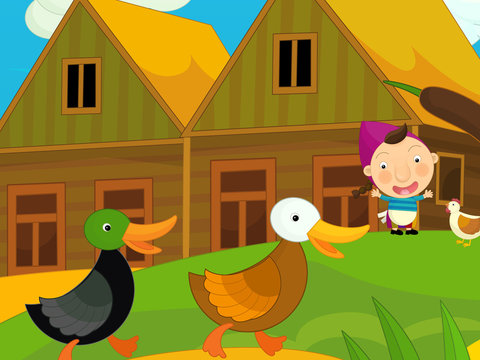 Cartoon farm scene - girl on the farm - chickens and ducks - illustration for the children