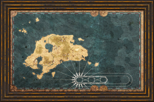 Fototapeta Old textured fantasy map of an island in a frame