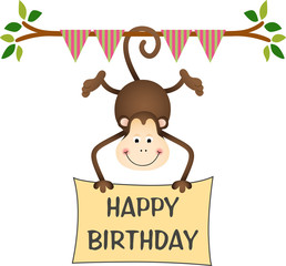 Hanging monkey holding a happy birthday sign