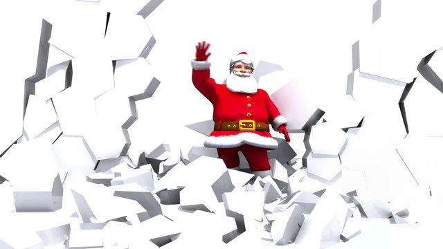 Santa crashes through a wall of ice and waves