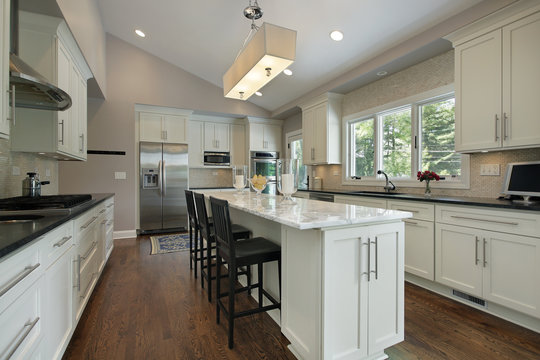 Kitchen with granite counter island
