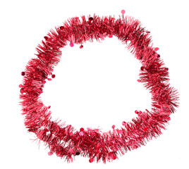 Red tinsel round border, frame, on white background. Ideal Chris