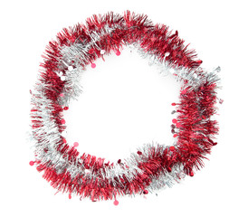 Red, white, tinsel wreath, garland on white. Background, frame r