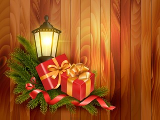 Christmas background with presents and a lantern. Vector.