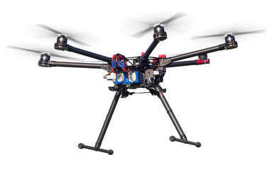A flying hexacopter without a camera. Includes a clipping path