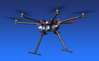 A flying hexacopter. Includes a clipping path