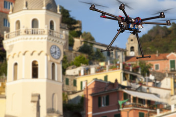 Fototapeta na wymiar A flying drone with a blurred background