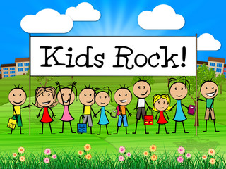 Fototapeta na wymiar Kids Rock Banner Indicates Free Time And Child