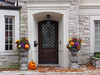 Front door with fall decorations