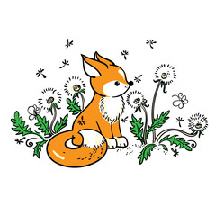 Drawing of baby fox on a meadow
