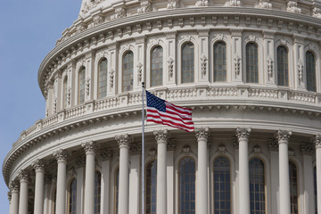 Closeup of US Flag and Capitol Dome in Washington DC