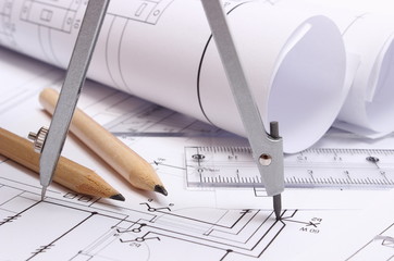 Rolled electrical diagrams and accessories for drawing