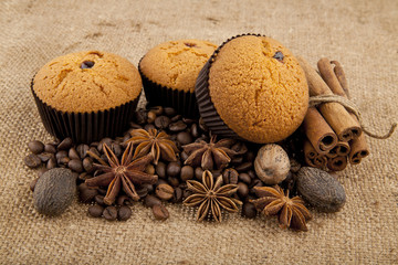cake, grains of coffee and seasoning
