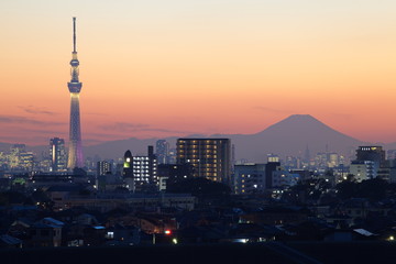Obraz premium Tokio zachód słońca z Tokyo Sky Tree i Mountain Fuji