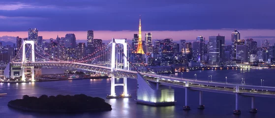 Fototapete Tokio Blick auf die Bucht von Tokio, die Regenbogenbrücke und das Wahrzeichen des Tokyo Tower, schöne Atmosphäre von Tokio am Abend