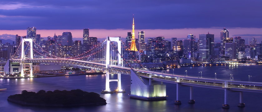 View of Tokyo Bay , Rainbow bridge and Tokyo Tower landmark , Beautiful atmosphere of Tokyo in the evening