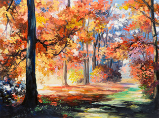 Naklejka na ściany i meble Oil painting landscape - colorful autumn forest