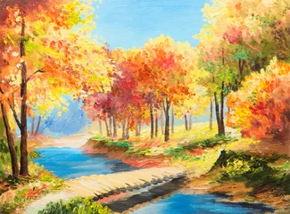 Rolgordijnen Landschap met olieverfschilderij - kleurrijk herfstbos © Fresh Stock
