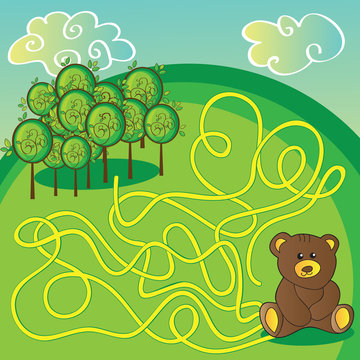 Maze game or activity page. Help the bear to choose right way