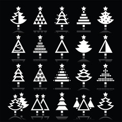 Christmas tree white icons set isolated on black