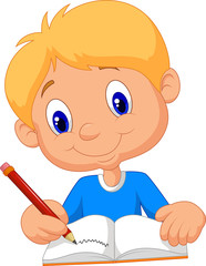 Happy boy writing in a book