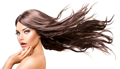 Fashion Model Girl Portrait with Long Blowing Hair