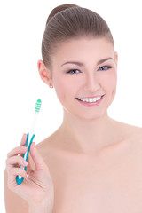 portrait of young beautiful woman with tooth brush isolated on w