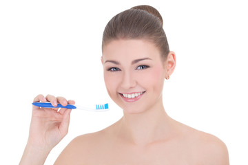 young beautiful smiling woman with tooth brush isolated on white