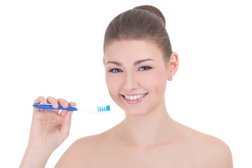 young beautiful smiling woman with tooth brush isolated on white