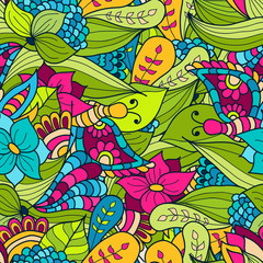 Naklejki  Ręcznie rysowane doodle fale kwiatowy wzór, abstrakcyjne zielone liście i