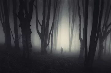 Fotobehang spooky forest landscape with man and twisted trees on halloween © andreiuc88
