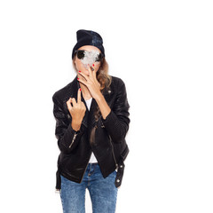 Hipster girl showing middle finger over white