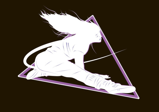 white dancer in purple triangle on black