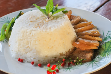 Pork stew with rice and vegetables,Thai fast food