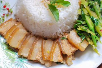 Pork stew with rice and vegetables,Thai fast food