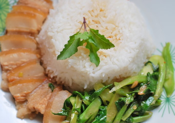 Pork stew with rice and vegetables,Thai fast food