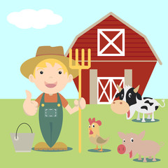 Little farmer, farm animals, vector illustration